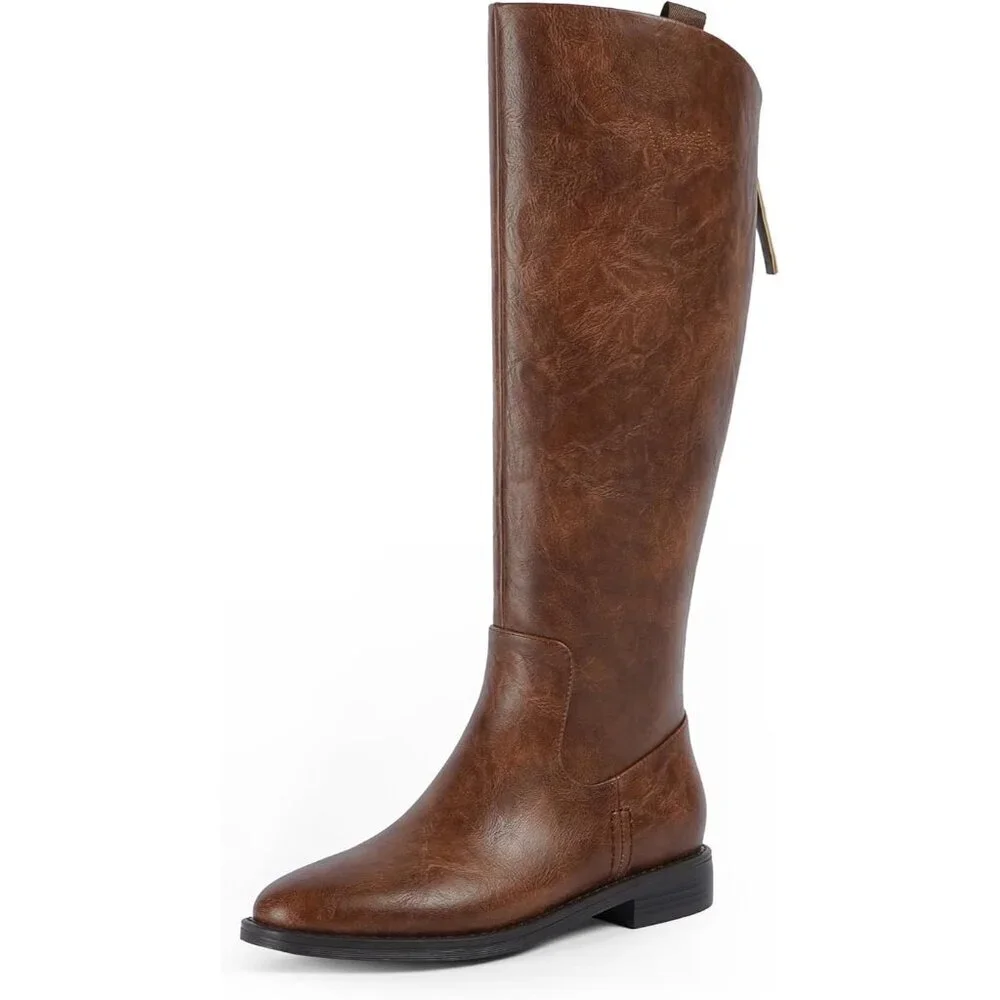 Women's A-retro Brown Rounded Toe Flat Low Chunky Zip Heel Knee High Boots
